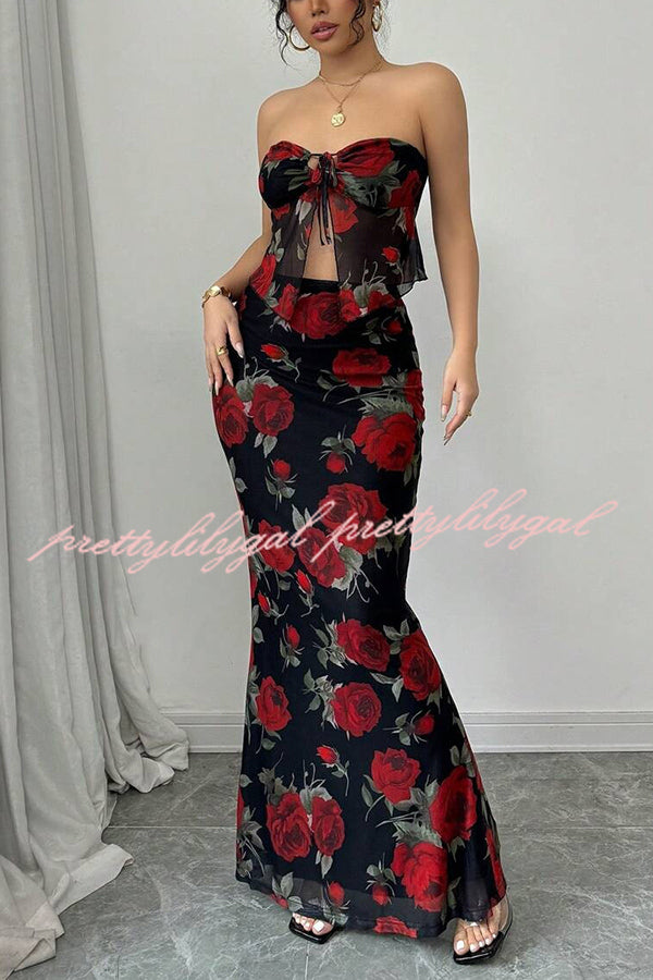 Floral Print Sexy Bandeau Lace-up Top and Slim Mesh Stretch Maxi Skirt Set