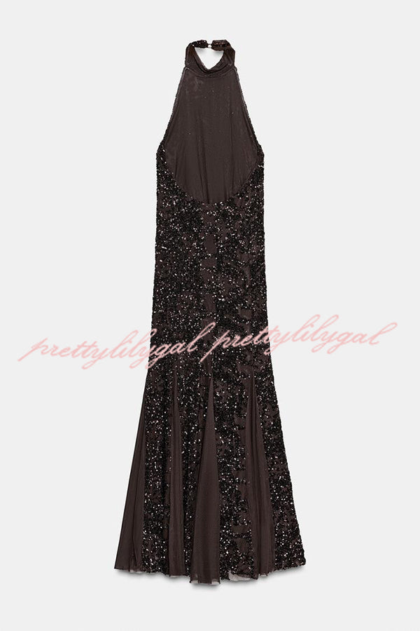 Twilight Gleam Sequin Textured Tulle Hem Halter Backless Maxi Dress