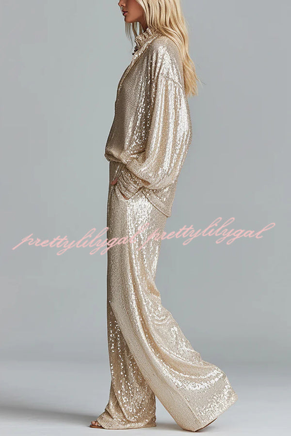 Glamorous Day Sequin Half Zip Loose Shirt and Elastic Waist Pocket Wide Leg Pants Set