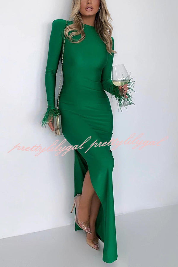 Solid Color Round Neck Ostrich Feather Long Sleeve Slim Maxi Dress