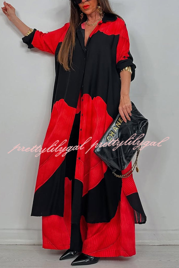 Unique Printed Casual Loose Long Shirt and Elastic Waist Pocket Wide Leg Pants Set