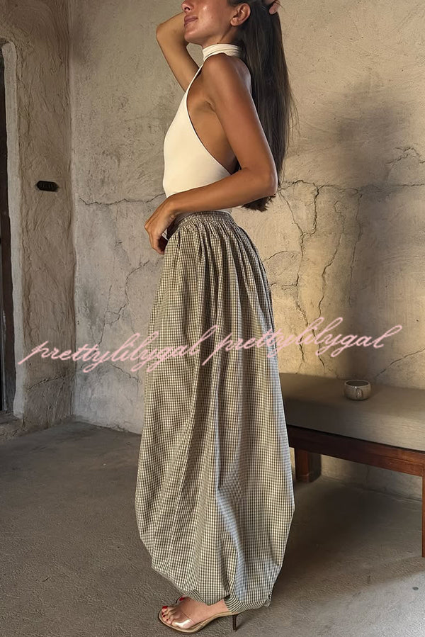 Fashion Plaid Print Elastic Waist Pocket Loose Wide-leg Pants