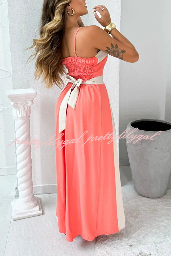 Fashion Contrast Color Sling Back Pleated Lace Up Maxi Dress