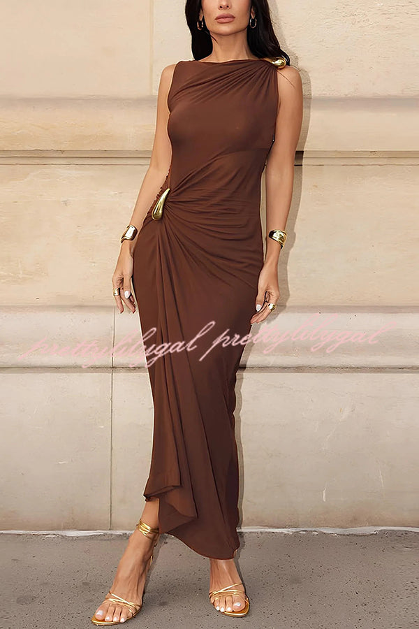 Fashionable Metallic Embellishments Pleated Sleeveless Slim-fit Maxi Dress