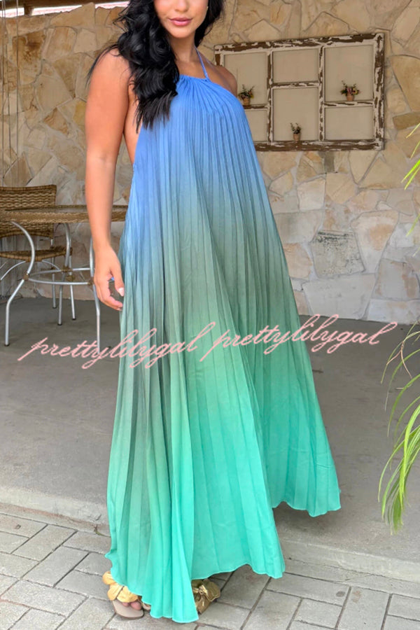 Sea goddess Gradient Print Pleated Halter Backless A-line Maxi Dress