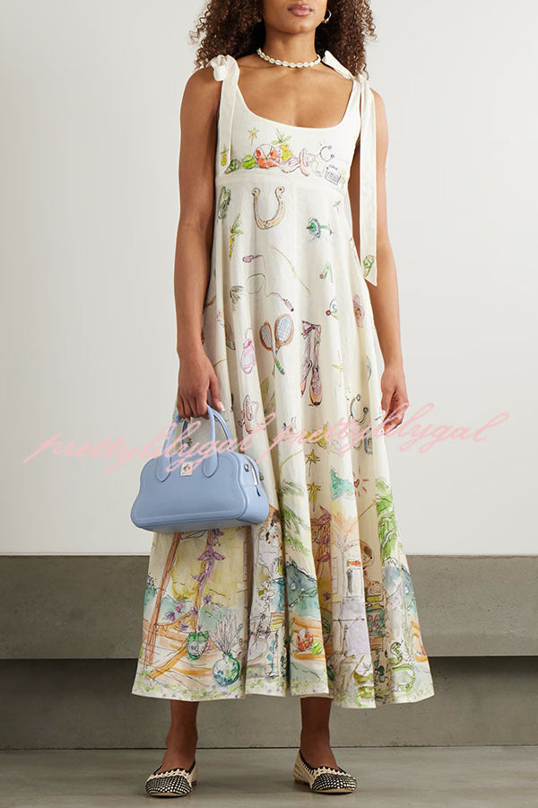 Euro Summer View Linen Blend Unique Print Tie-up Straps Pocket Midi Dress