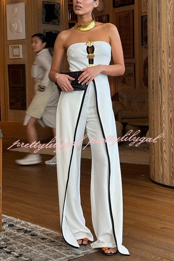 Fashionable Contrast Color Off-shoulder Metal Decoration Casual Elegant Jumpsuit