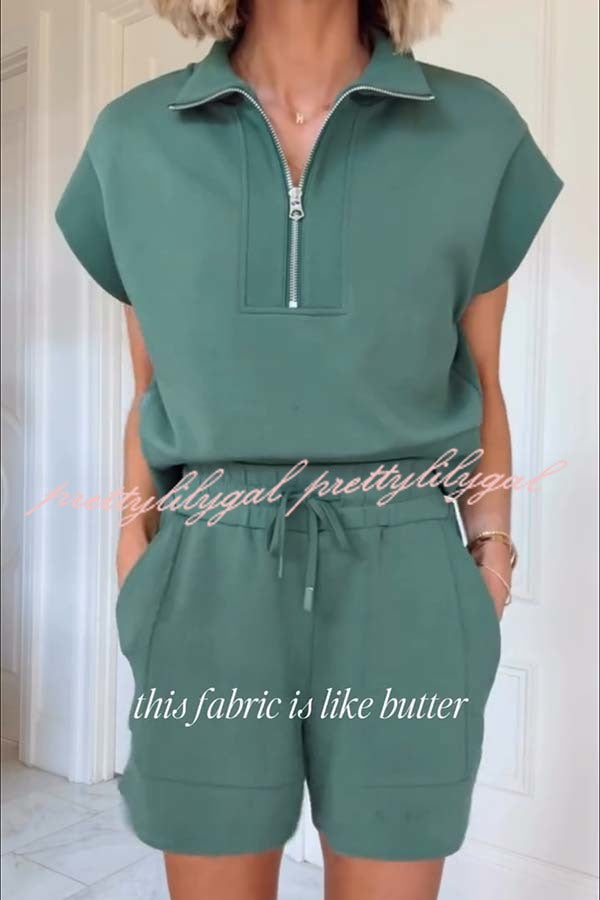 Buttery Touch Half-Zip Short Sleeve Sweatshirt and Elastic Waist Pocket Casual Shorts Set