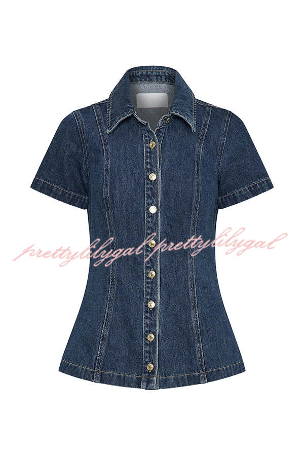 Modern Flavor Denim Short Sleeve Button Up Princess Seams Stretch Top