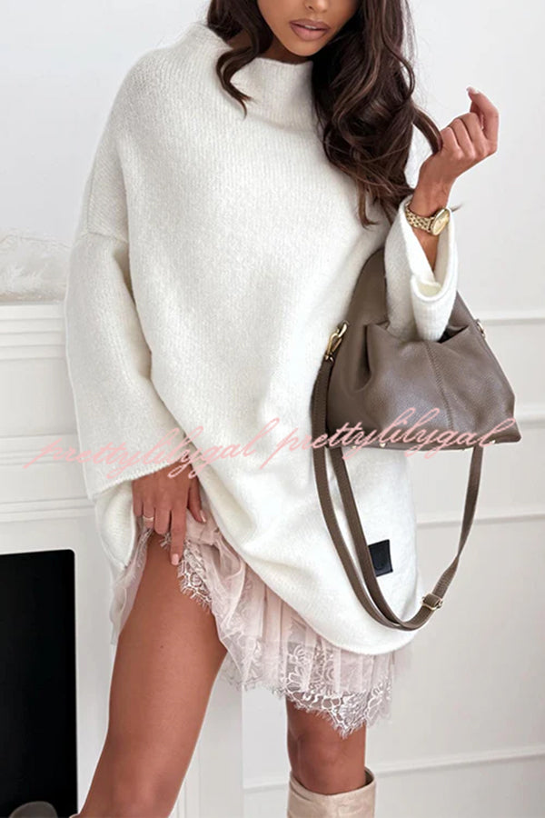 Cozy Ember Knit High Neck Long Sleeve Relaxed Sweater Mini Dress
