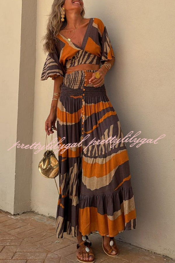 Raya Colorblock Print Bell Sleeve Crop Top and Smocked Waist Button Maxi Skirt Set