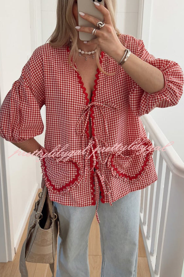 Lovely Plaid Heart Pattern Casual Lace-up Pocket Loose Shirt