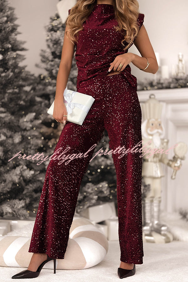 Stylish Sparkly Velvet Sequin Sleeveless Pleated Top and Casual Wide-leg Pants Set