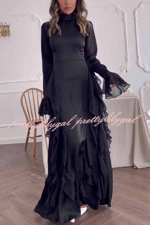 Cline Solid Color High Neck Long Sleeve Elegant Ruffles Maxi Dress