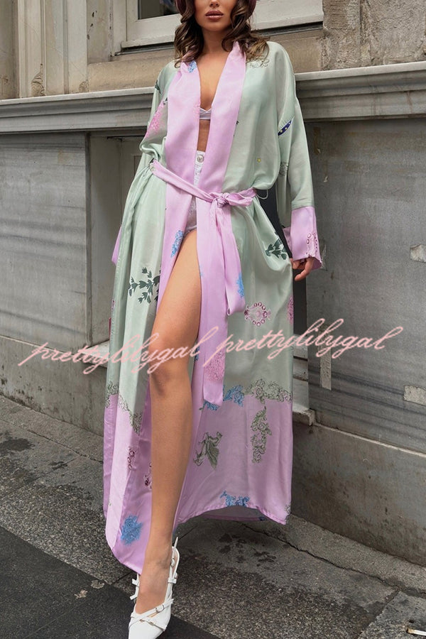 Karty Satin Unique Print Long Sleeve Belt Lapel Kimono Cover-ups