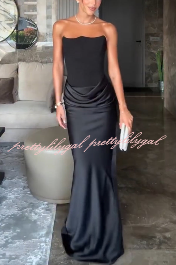 Attend The Gala Strapless Corset Satin Ruched Hip Drape Maxi Dress