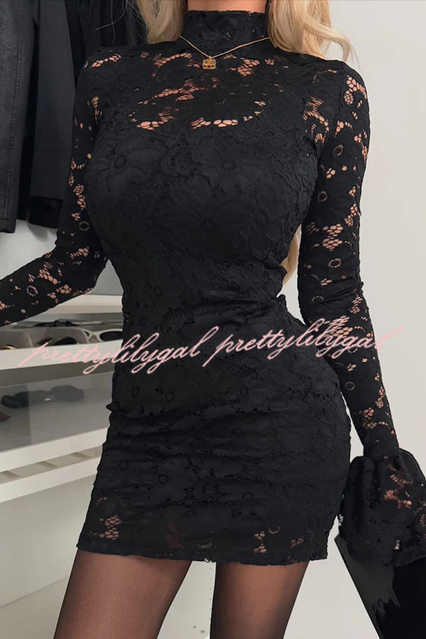 Light and Elegant Floral Lace High Neck Bell Sleeves Stretch Mini Dress