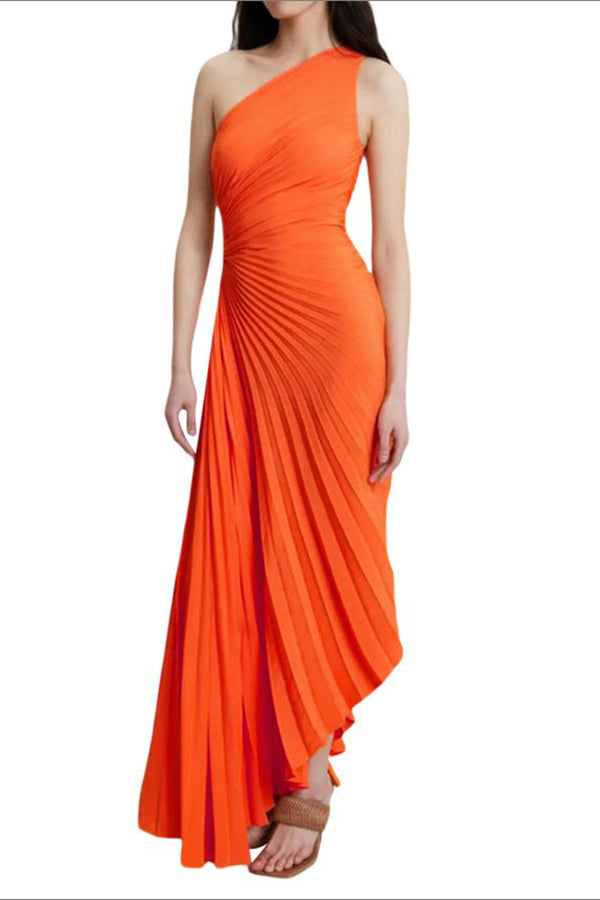 Glam Vibes Satin One Shoulder Side Cutout Pleated Maxi Dress