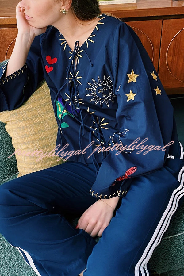 Fashionable Embroidered Lace-up Long-sleeved Loose Top