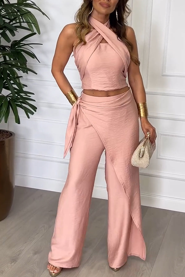 Kathy Linen Blend Cross Halter Smocked Top and Elastic Waist Wrap Tie-up Pants Set