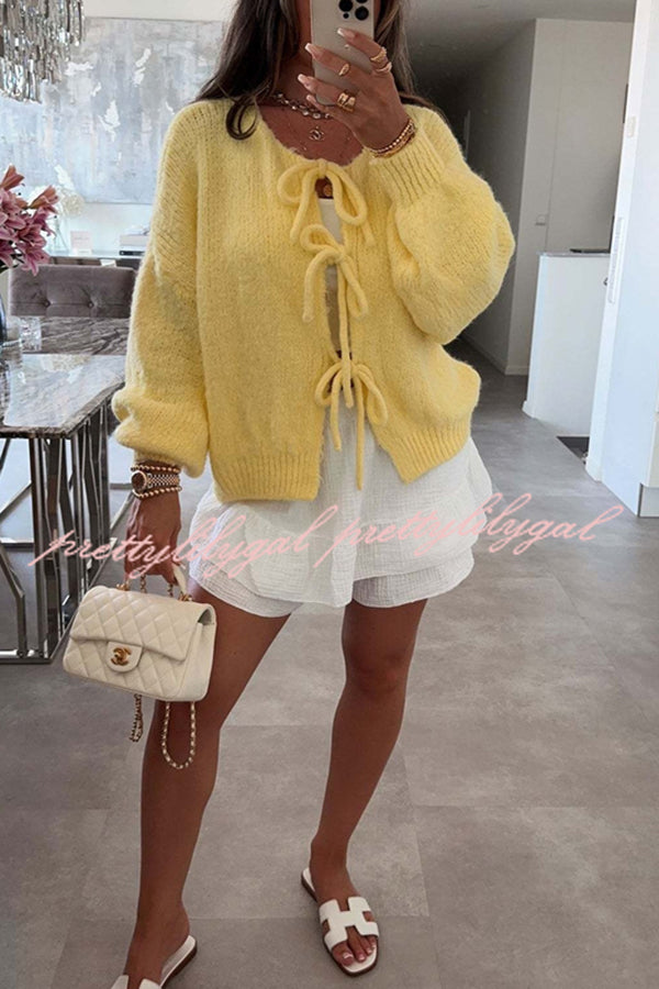 Solid Color Long-sleeved V-neck Lace-up Loose Knitted Sweater