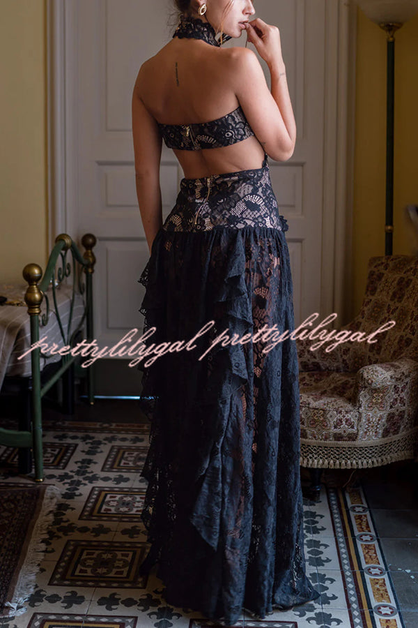 A Girls' Trip Lace High Neck Cutout Drop Waist Ruffles Maxi Dress