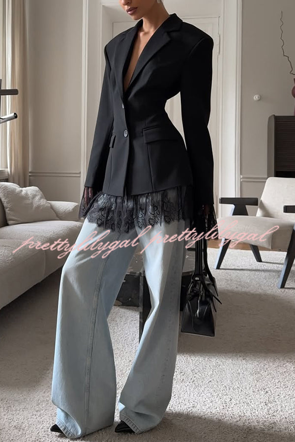 Solid Color Lace Panel Long Sleeve Button Elegant Blazer