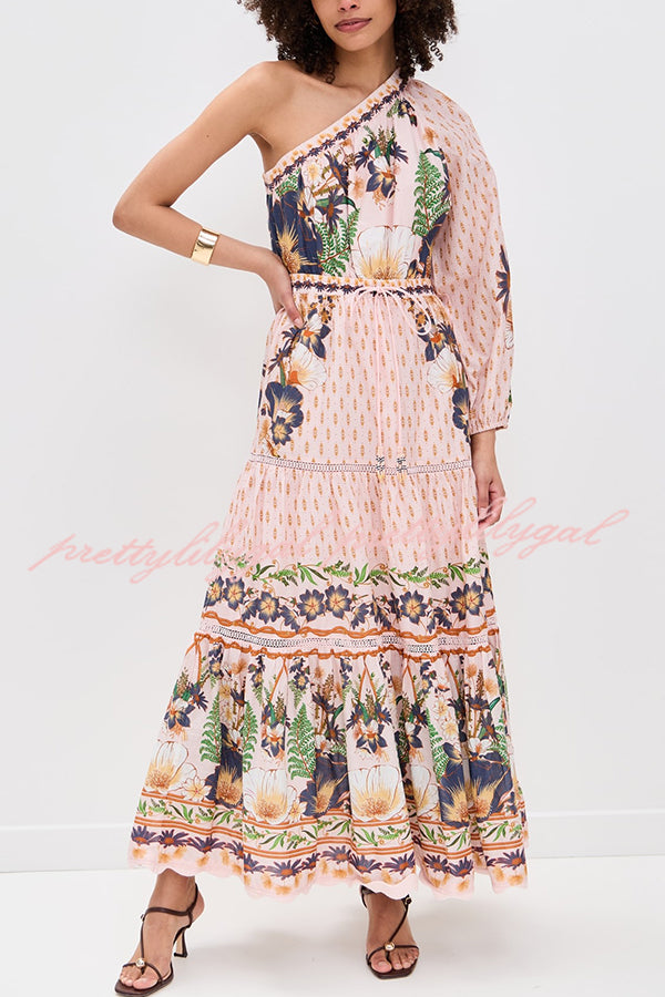 Dream Garden Unique Print One Shoulder Elastic Waist Pocket Maxi Dress