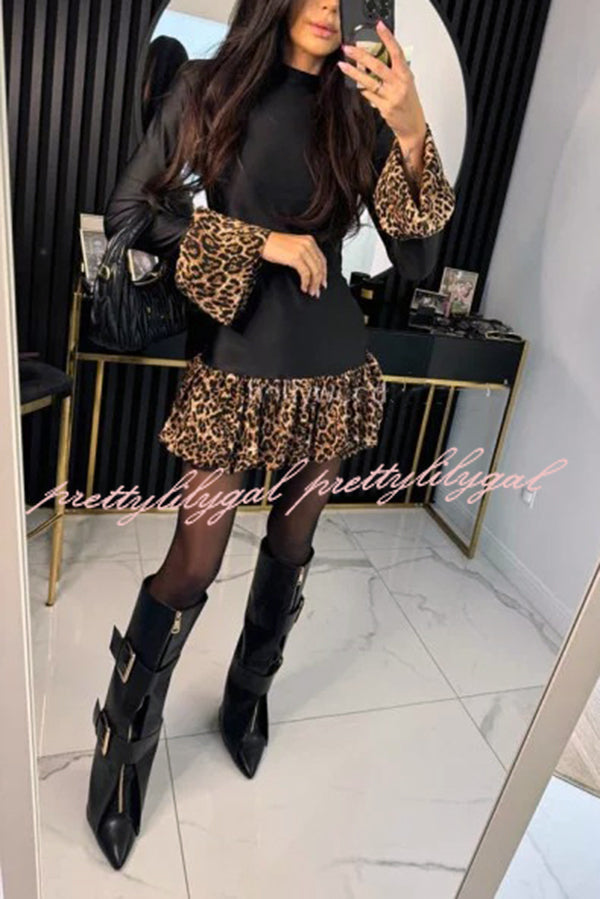 Fashionable Splicing Leopard Print Bell Sleeve Stretch Mini Dress