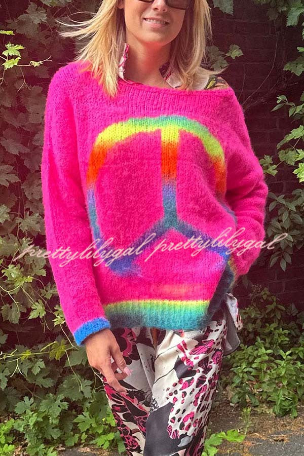 Love and Peace Knit Rainbow Pattern Loose Pullover Sweatershirt