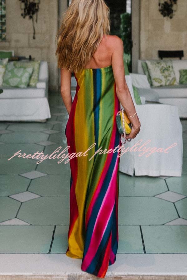 Artistic Rainbow Satin Watercolor Print Off Shoulder Pocketed H-line Maxi Dress