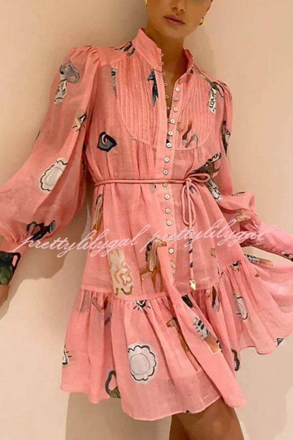 Unique Print Single Breasted Balloon Sleeve Tie Waist Ruffled Mini Dress