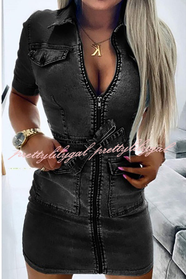 Tie Waist Zipped Pocket Denim Mini Dress