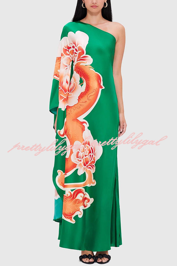 Elegance and Grace Satin Dragon Print One Shoulder Drape Sleeve Maxi Dress