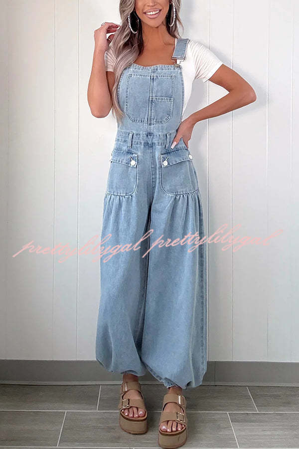 Fashion Casual Pocket Loose Wide-leg Adjustable Leg Cuffs Denim Overalls