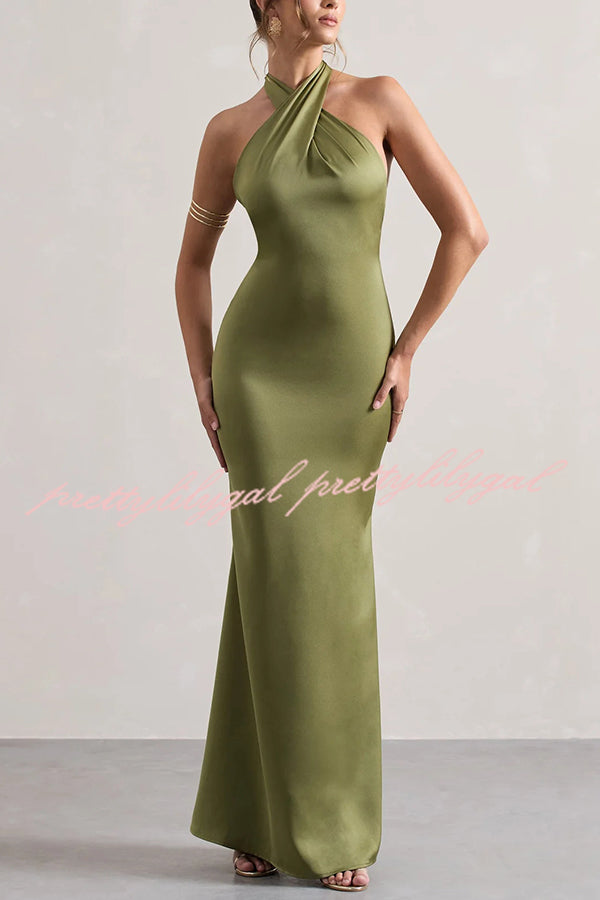 Solid Color Halter Neck Tie Sexy Backless Slim Maxi Dress