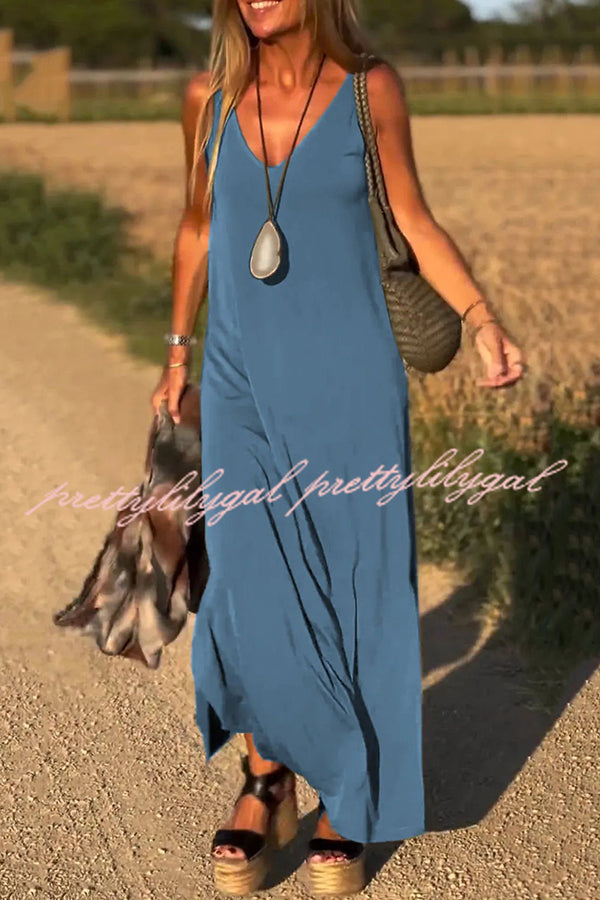 Solid Color V-neck Sleeveless Casual Loose Maxi Dress