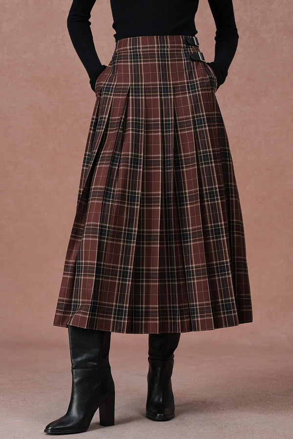Yehudit Plaid Belt Buckle Design High Rise Pocket Midi Umbrella Skirt