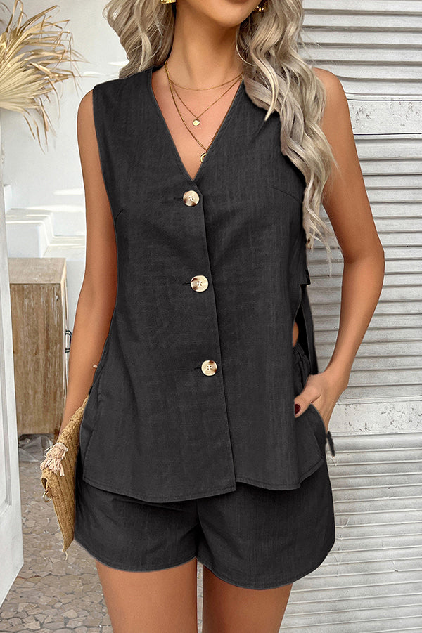 Solid Color Holiday Style V-neck Button Vest and Elastic Waist Casual Pocket Shorts Set