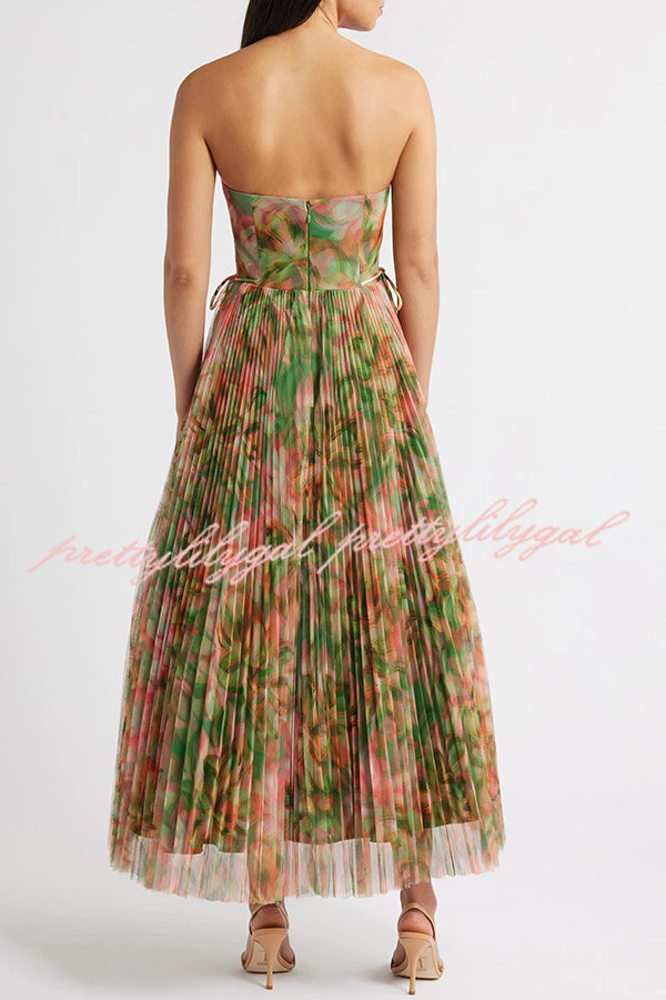 Romantic Factor Pleated Mesh Watercolor Print Bow Detail Strapless Maxi Dress