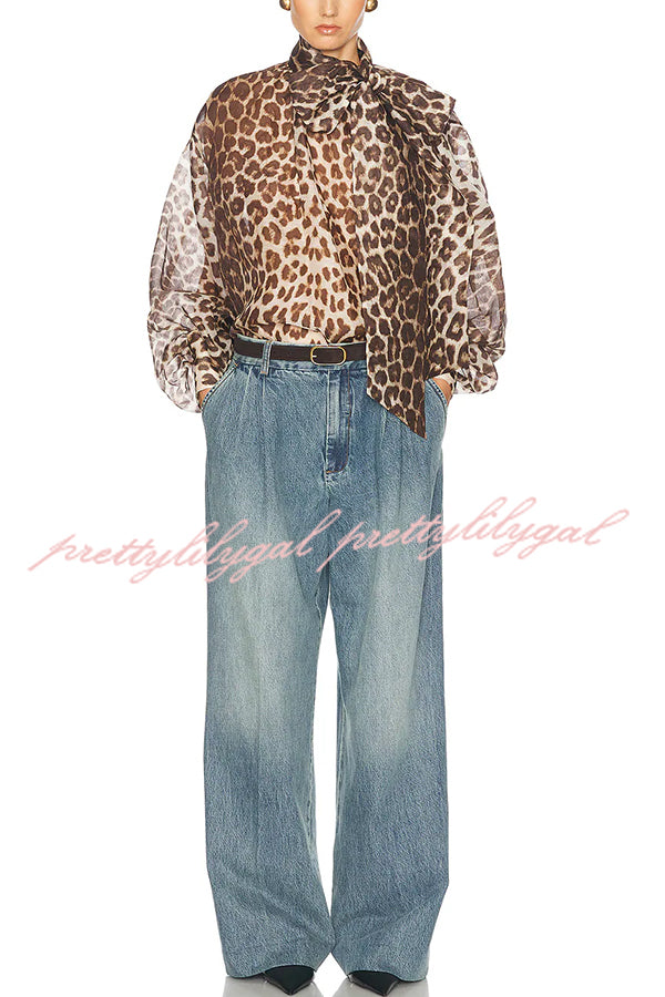 Arianne Chiffon Leopard Print Bow Neck Long Balloon Sleeve Loose Blouse