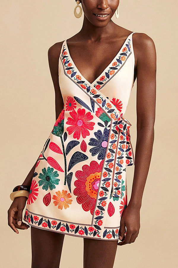 Floral Print V-Neck Suspender Lace-Up Resort Mini Dress