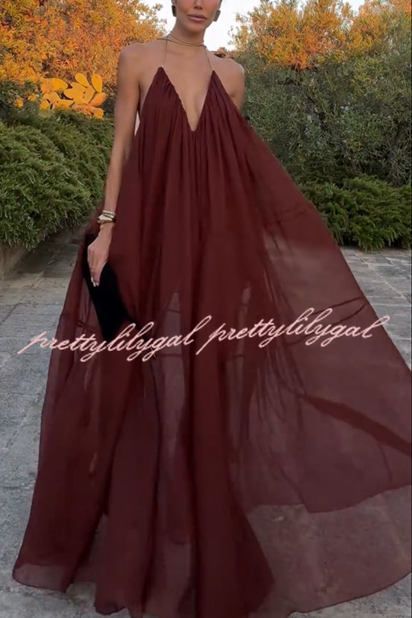Flowing Lightweight Chiffon Chain Halter Neck Detail Backless A-line Maxi Dress