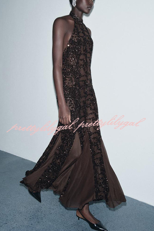 Twilight Gleam Sequin Textured Tulle Hem Halter Backless Maxi Dress