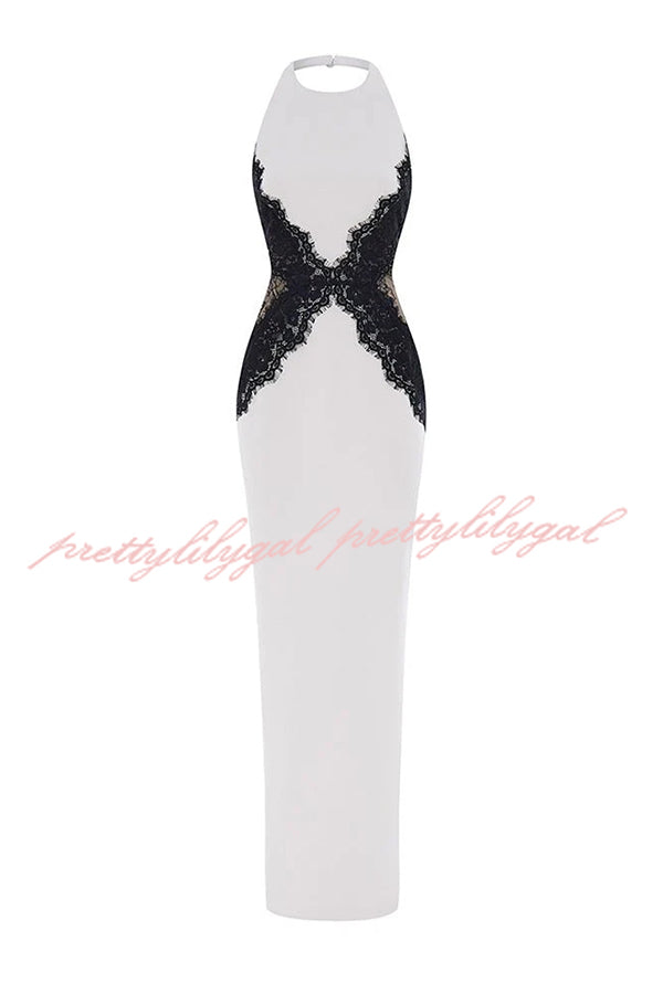 Sexy Halterneck Lace Paneled Backless Slim Maxi Dress