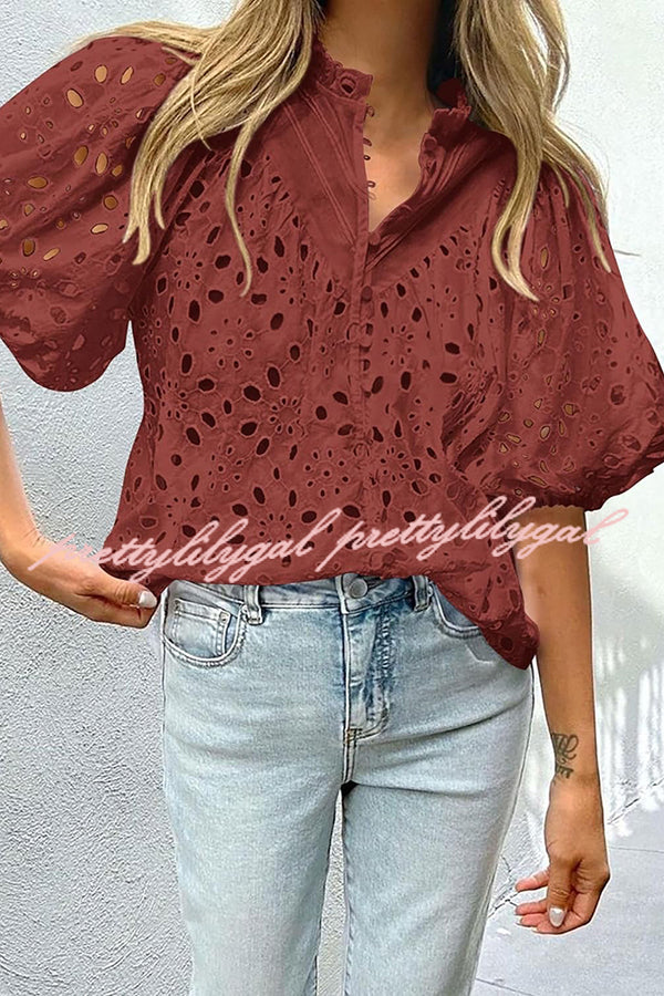 Hollow Embroidered Lace V-neck Buttoned Lantern Sleeve Blouse