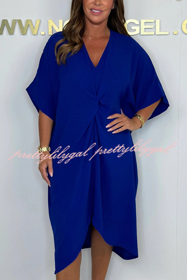 Solid Color V-neck Cross Knot Casual Irregular Midi Dress