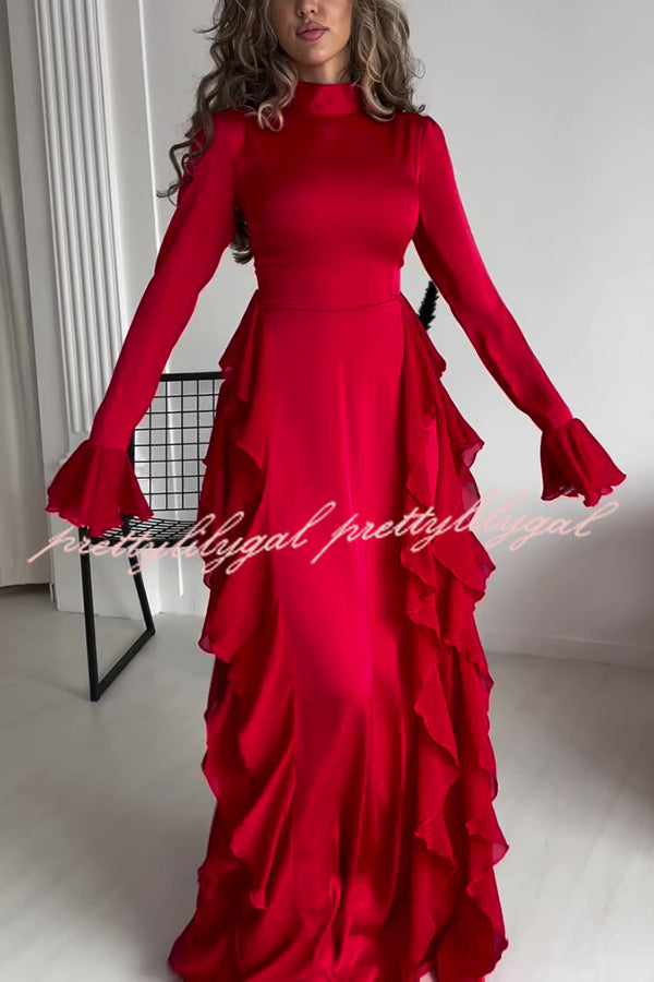 Cline Solid Color High Neck Long Sleeve Elegant Ruffles Maxi Dress