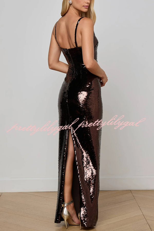 Dazzling Like Flowing Water Sequin V-neck Back Zipper Slit Maxi Dress