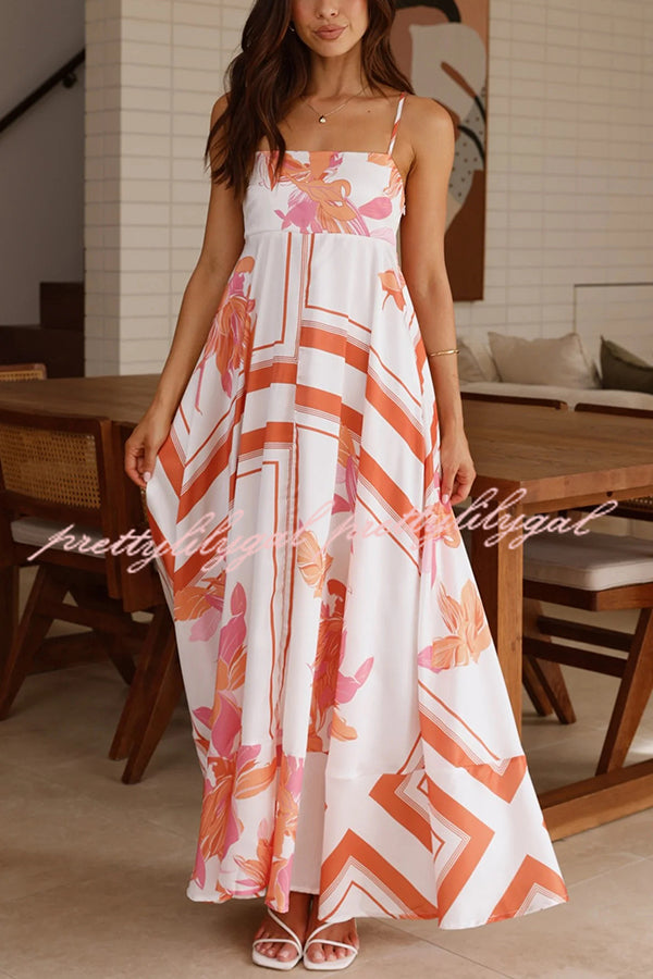 Botanical Print Halter Square Neck Pleated Loose Maxi Dress